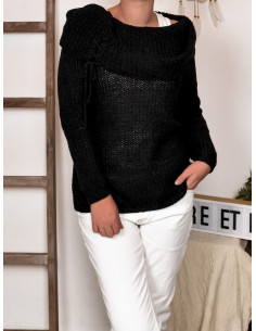 PULL POUR FEMME NOIR COL BOULE TOMBANT AVEC LACET LAÇAGE EPAULES NUES MADE IN ITALY 2