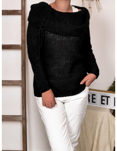 PULL POUR FEMME NOIR COL BOULE TOMBANT AVEC LACET LAÇAGE EPAULES NUES MADE IN ITALY