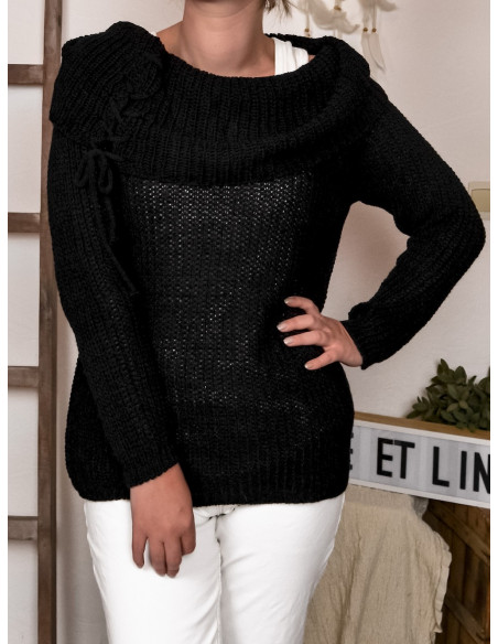 PULL POUR FEMME NOIR COL BOULE TOMBANT AVEC LACET LAÇAGE EPAULES NUES MADE IN ITALY