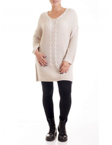 PULL grande taille pull long torsades beige FEMME AVEC LAINE PULL LONG FEMME AVEC LAINE BEIGE TORSADÉ OUVERT SUR LE COTÉ