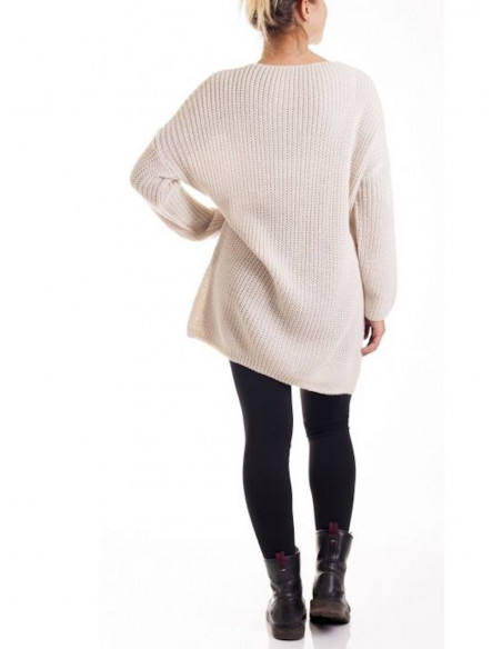 PULL grande taille pull long torsades beige FEMME AVEC LAINE PULL LONG FEMME AVEC LAINE BEIGE TORSADÉ OUVERT SUR LE COTÉ