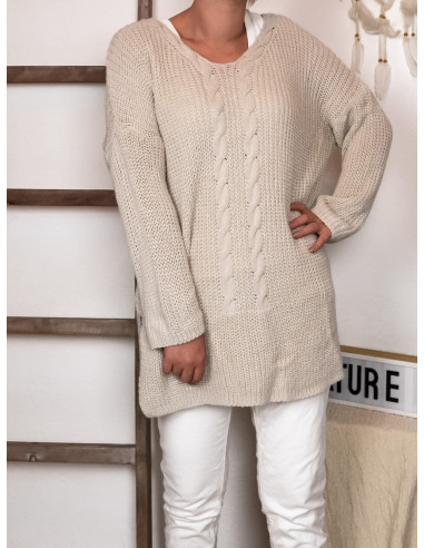 PULL grande taille pull long torsades beige FEMME AVEC LAINE PULL LONG FEMME AVEC LAINE BEIGE TORSADÉ OUVERT SUR LE COTÉ