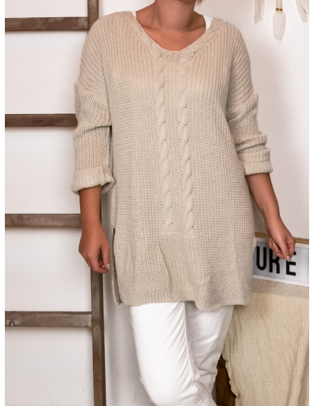 PULL grande taille pull long torsades beige FEMME AVEC LAINE PULL LONG FEMME AVEC LAINE BEIGE TORSADÉ OUVERT SUR LE COTÉ