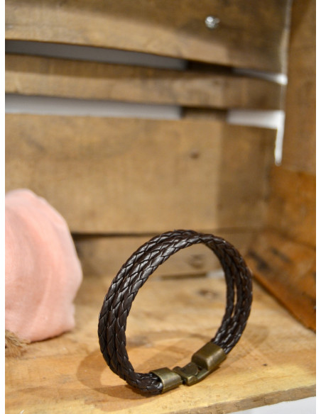 Bracelet en cuir pour homme marron plusieurs cordons en cuir tressé fermoir boucle rectangle en acier couleur bronze