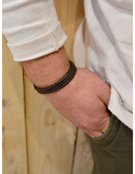 Bracelet en cuir pour homme marron plusieurs cordons en cuir tressé fermoir boucle rectangle en acier couleur bronze