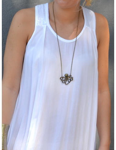 Long collier sautoir pieuvre Bronze pendentif poulpe