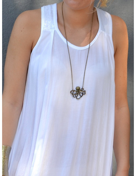 Long collier sautoir pieuvre Bronze pendentif poulpe