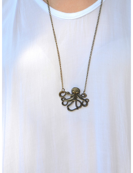 Long collier sautoir pieuvre Bronze pendentif poulpe