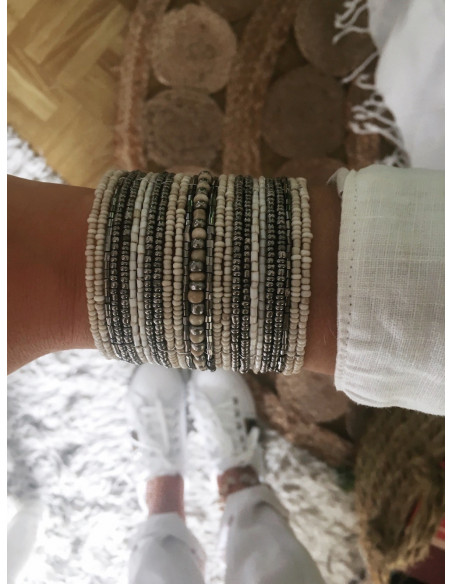 MANCHETTE BOHÈME CHIC EN PERLE DE ROCAILLE GRISE BEIGE BRACELET FEMME PERLÉ LARGE GIPSY MANCHETTE CHIC PERLE DE ROCAILLE