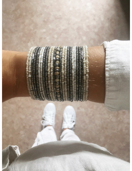 MANCHETTE BOHÈME CHIC EN PERLE DE ROCAILLE GRISE BEIGE BRACELET FEMME PERLÉ LARGE GIPSY MANCHETTE CHIC PERLE DE ROCAILLE