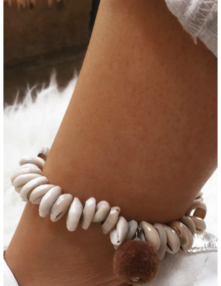 BRACELET DE CHEVILLE ETHNIQUE INDIEN COQUILLAGE CAURIS POMPON MARRON BRACELET CHEVILLE BOHEME POMPON INDIEN