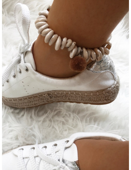 BRACELET DE CHEVILLE ETHNIQUE INDIEN COQUILLAGE CAURIS POMPON MARRON BRACELET CHEVILLE BOHEME POMPON INDIEN