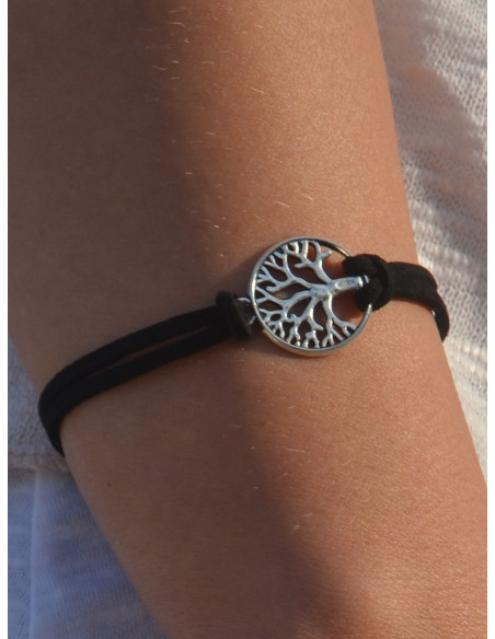 Bracelet unisexe porte bonheur suédine arbre de vie - Noir