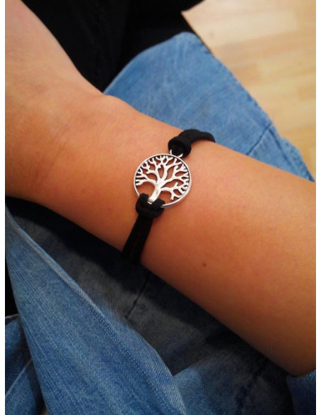 Bracelet unisexe porte bonheur suédine arbre de vie - Noir