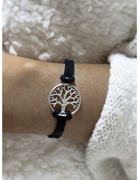 Bracelet unisexe porte bonheur suédine arbre de vie - Noir