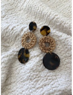 Grosses boucles d'oreilles 3 etages rond leopard et osier tressé