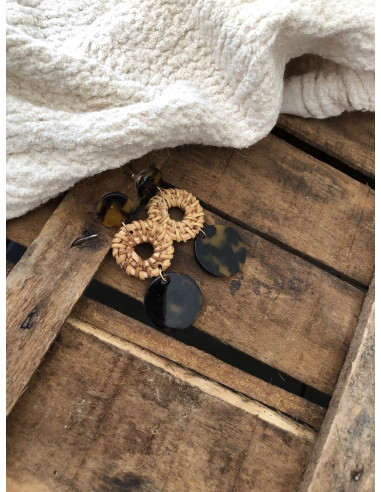 Grosses boucles d'oreilles 3 etages rond leopard et osier tressé