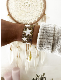BRACELET MIYUKI TISSÉ À LA MAIN EN PETITES PERLES DE ROCAILLES MOTIFS ÉTOILES DORÉ BIJOUX BOHÈME CHIC