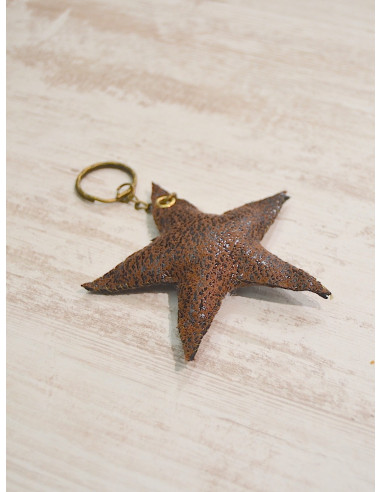 Porte clé étoile "STAR" - Simili cuir nacré marron - Création artisanale