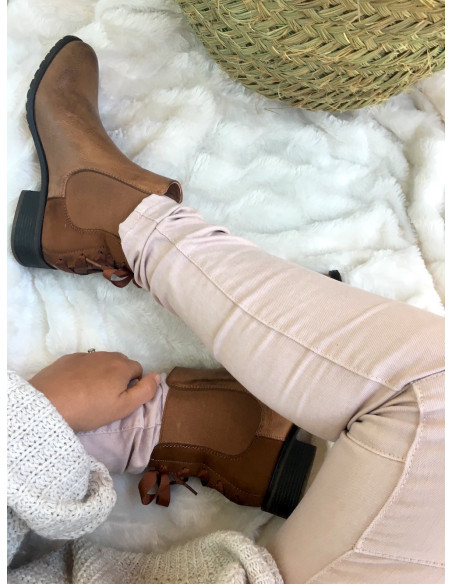 Bottines chelsea camel femme cuir suedine tissu suedé avec ruban petit talon plate bottines camel fine tendance avec ruban