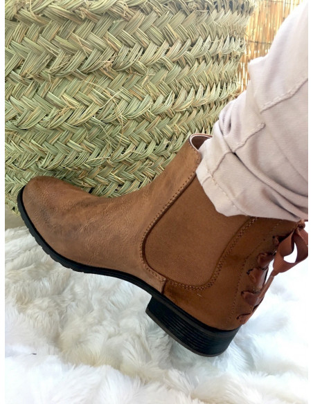 Bottines chelsea camel femme cuir suedine tissu suedé avec ruban petit talon plate bottines camel fine tendance avec ruban