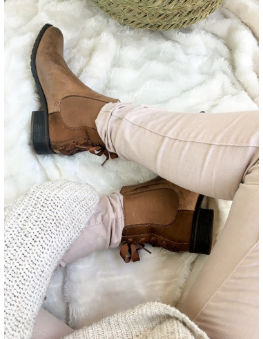 Bottines chelsea camel femme cuir suedine tissu suedé avec ruban petit talon plate bottines camel fine tendance avec ruban