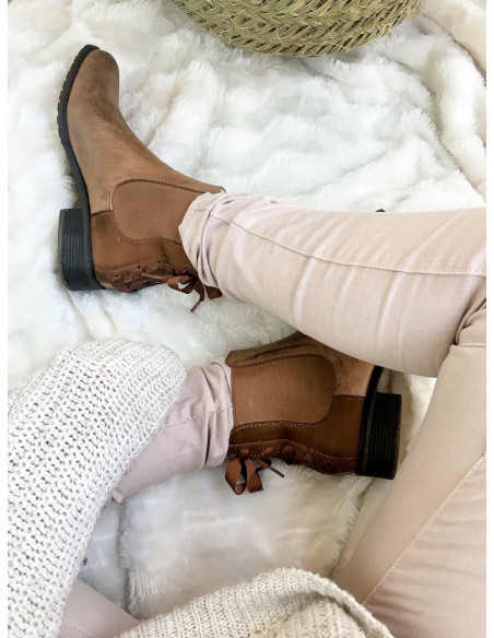 Bottines chelsea camel femme cuir suedine tissu suedé avec ruban petit talon plate bottines camel fine tendance avec ruban