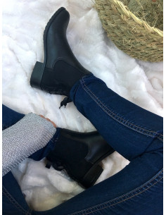 Bottines chelsea noir femme cuir suedine tissu suedé avec ruban petit talon plate bottines noires fine tendance avec ruban noire