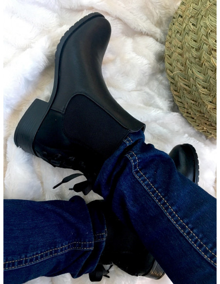 Bottines chelsea noir femme cuir suedine tissu suedé avec ruban petit talon plate bottines noires fine tendance avec ruban noire