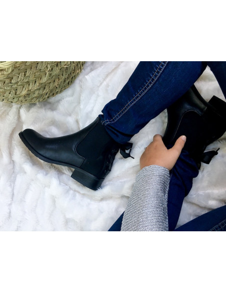 Bottines chelsea noir femme cuir suedine tissu suedé avec ruban petit talon plate bottines noires fine tendance avec ruban noire