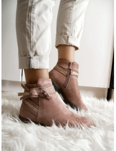 Bottines chelsea vieux rose femme suédine effet daim détail ruban pailleté petit talon plate