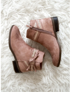 Bottines chelsea vieux rose femme suédine effet daim détail ruban pailleté petit talon plate 2