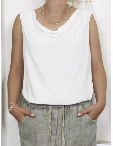 Top femme col benitier BLANC haut fluide croisé drapé sans manche en viscose made in italy