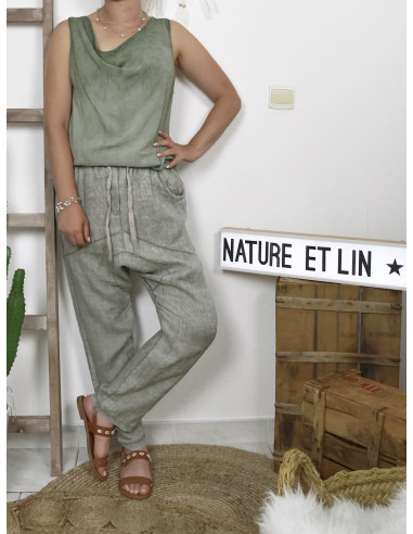 Top femme col benitier KAKI haut fluide croisé drapé sans manche en viscose made in italy