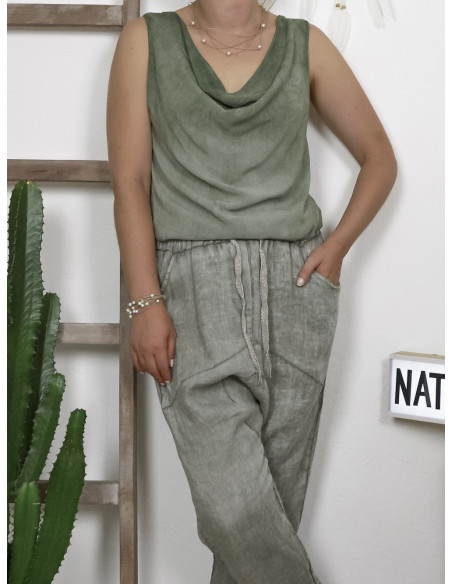 Top femme col benitier KAKI haut fluide croisé drapé sans manche en viscose made in italy