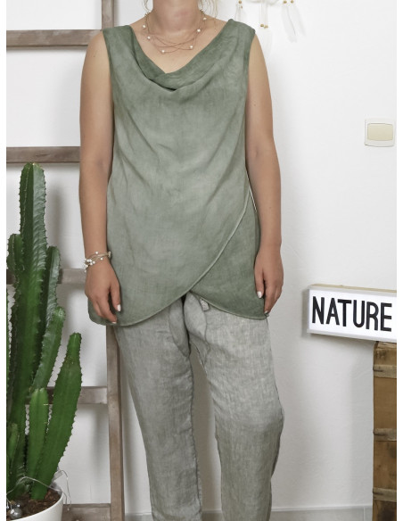 Top femme col benitier KAKI haut fluide croisé drapé sans manche en viscose made in italy