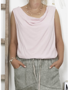 Top femme col benitier ROSE PALE POUDRÉ haut fluide croisé drapé sans manche en viscose made in italy 2
