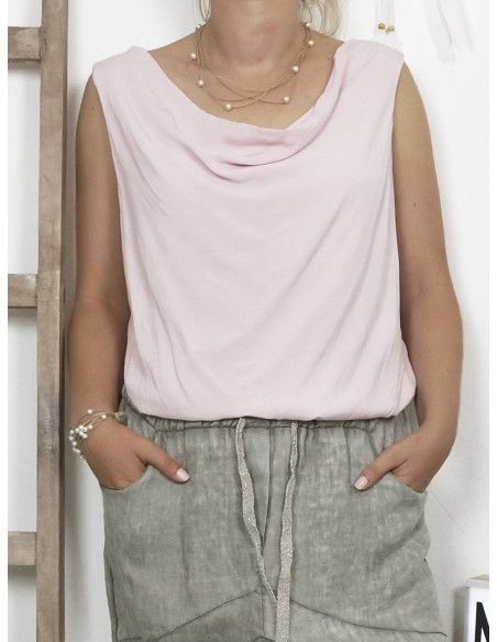 Top femme col benitier ROSE PALE POUDRÉ haut fluide croisé drapé sans manche en viscose made in italy Top femme col benitier ROSE PALE POUDRÉ haut fluide croisé drapé sans manche en viscose made in italy