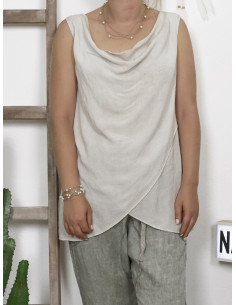Top femme col benitier BEIGE haut fluide croisé drapé sans manche en viscose made in italy