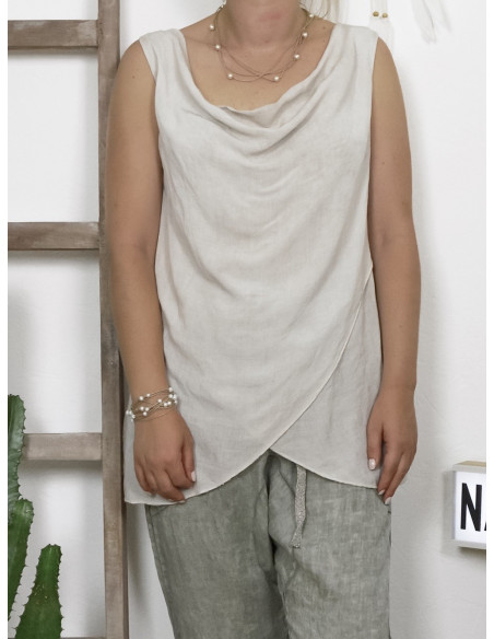 Top femme col benitier BEIGE haut fluide croisé drapé sans manche en viscose made in italy
