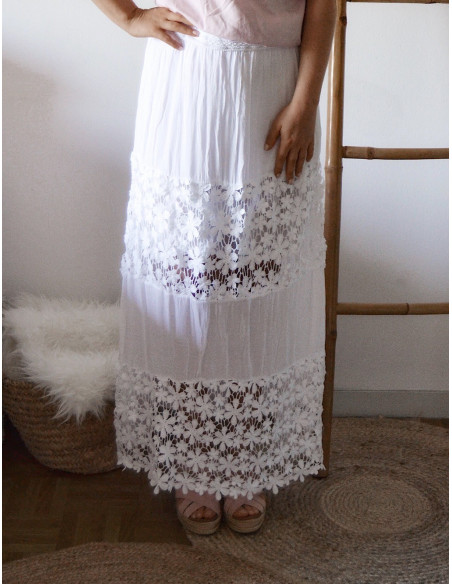 JUPE LONGUE BOHÈME CHIC JUPE LONGUE DENTELLE BLANCHE FLUIDE MACRAMÉ MARIAGE ÉTÉ