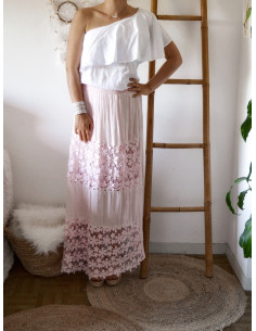 JUPE LONGUE BOHÈME CHIC JUPE LONGUE DENTELLE ROSE PALE POUDRÉ FLUIDE MACRAMÉ MARIAGE ÉTÉ 2