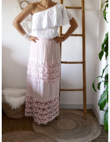 JUPE LONGUE BOHÈME CHIC JUPE LONGUE DENTELLE ROSE PALE POUDRÉ FLUIDE MACRAMÉ MARIAGE ÉTÉ