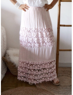 JUPE LONGUE BOHÈME CHIC JUPE LONGUE DENTELLE ROSE PALE POUDRÉ FLUIDE MACRAMÉ MARIAGE ÉTÉ