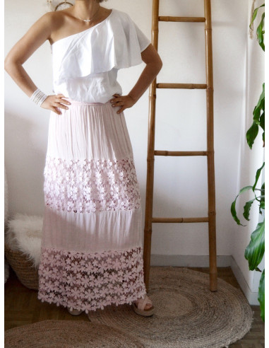 JUPE LONGUE BOHÈME CHIC JUPE LONGUE DENTELLE ROSE PALE POUDRÉ FLUIDE MACRAMÉ MARIAGE ÉTÉ