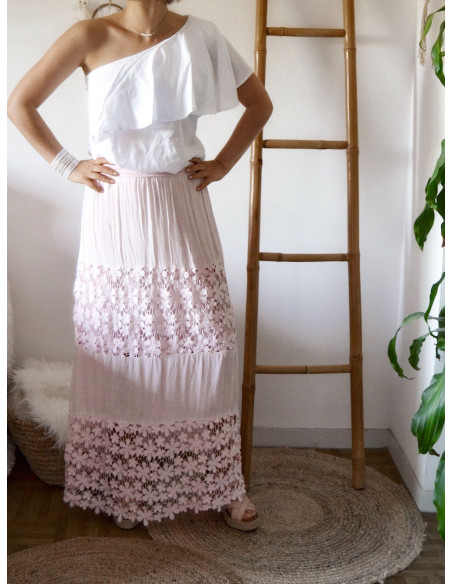 JUPE LONGUE BOHÈME CHIC JUPE LONGUE DENTELLE ROSE PALE POUDRÉ FLUIDE MACRAMÉ MARIAGE ÉTÉ