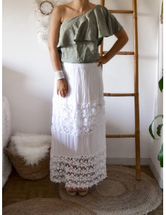 TOP FEMME UNE SEULE MANCHE COL VOLANT ASYMÉTRIQUE HAUT FLUIDE KAKI UNE EPAULE DÉNUDÉE STYLE BOHÈME CHIC 2
