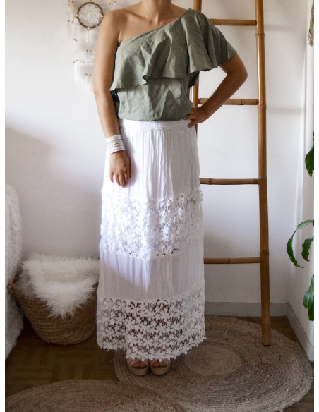 TOP FEMME UNE SEULE MANCHE COL VOLANT ASYMÉTRIQUE HAUT FLUIDE KAKI UNE EPAULE DÉNUDÉE STYLE BOHÈME CHIC