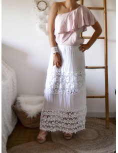 TOP FEMME UNE SEULE MANCHE COL VOLANT ASYMÉTRIQUE HAUT FLUIDE ROSE PALE POUDRÉ UNE EPAULE DÉNUDÉE STYLE BOHÈME CHIC 2