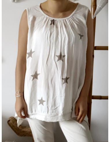 Débardeur femme long motif étoile grande taille beige sequins coton